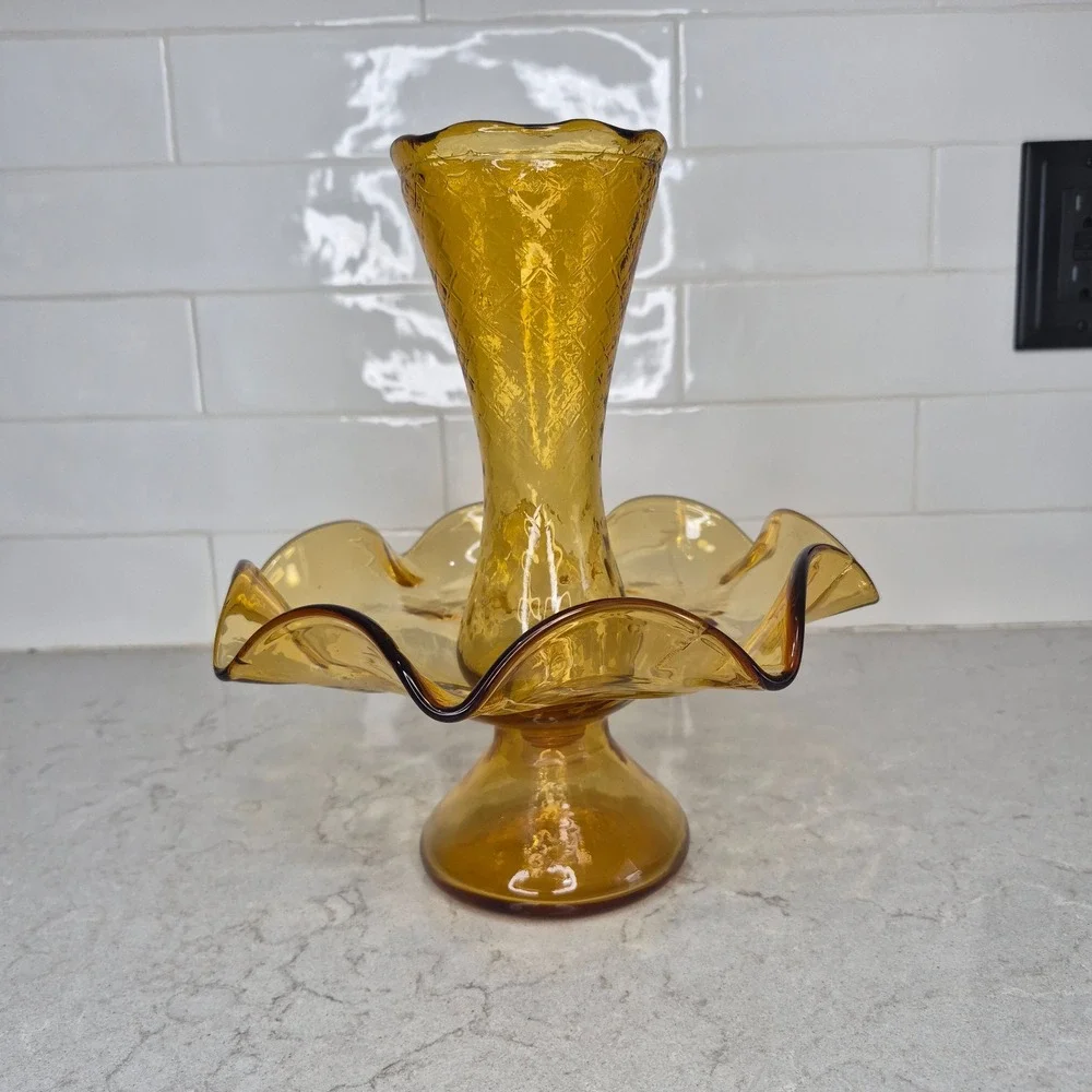 Vintage Epergne Vase‎ Amber Diamond Quilted Ruffled Glass 10 Inch 2 Piece